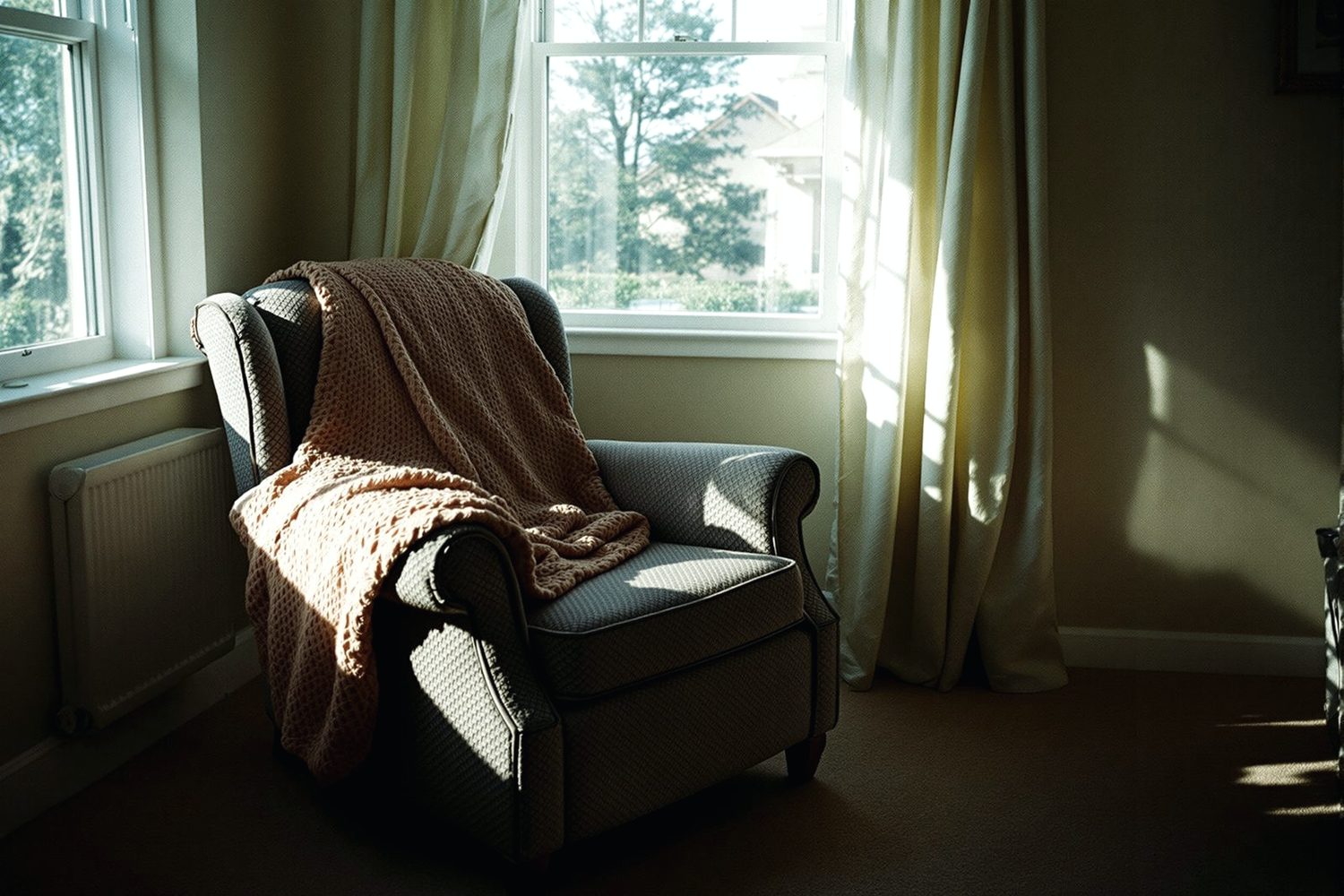 PLACEHOLDER: an upholstered wing armchair with a throw over one arm, standing on carpet in a front room with the sun through the curtains.